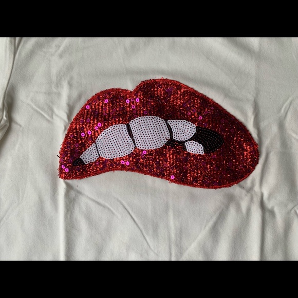 Cotton White Tee with Sequined Lips Appliqué - Picture 2 of 3